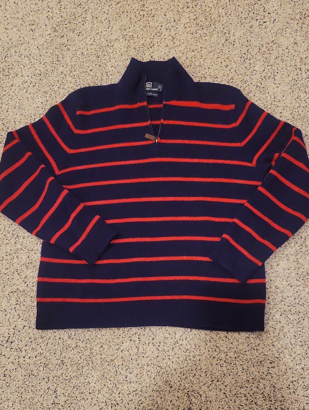 Ralph Lauren Polo Lambs Wool Quarter Zip Sweater Stripe Red Navey Mens Large